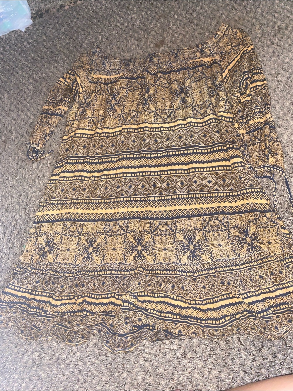 Boho Printed Off-Shoulder Dress in Mustard and Navy